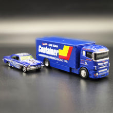 Load image into Gallery viewer, Explorafind Scania Style Enclosed Car Carrier Truck Blue 1:64 Die Cast
