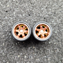 Load image into Gallery viewer, 1:64 6 Spoke Bronze Wheel Set with Grooved Rubber Tyres - Hot Wheels, Matchbox