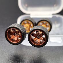 Load image into Gallery viewer, 1:64 6 Spoke Bronze Wheel Set with Grooved Rubber Tyres - Hot Wheels, Matchbox