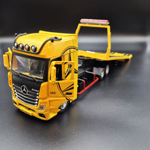 Load image into Gallery viewer, Explorafind 2023 Mercedes-Benz Actros Truck with Tilt Tray Yellow 1:24 Die Cast Truck