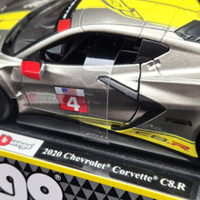 Load image into Gallery viewer, Bburago 2020 Chevrolet Corvette C8.R #4 Silver Metallic Race Series 1:24 Diecast Model Car