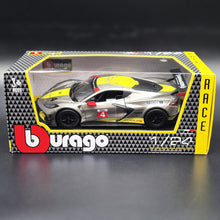 Load image into Gallery viewer, Bburago 2020 Chevrolet Corvette C8.R #4 Silver Metallic Race Series 1:24 Diecast Model Car