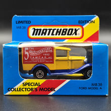 Load image into Gallery viewer, Matchbox 1992 Ford Model A Van 5th Anniversary T.A.M.C.A.R Yellow 1-75 Series MB38 Boxed