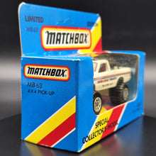 Load image into Gallery viewer, Matchbox 1985 4x4 Open Back Pickup Truck White MB63 Bob Jane T-Marts Limited Edition Sealed Box