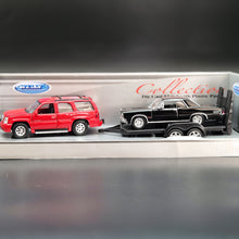 Load image into Gallery viewer, Welly 2002 Cadillac Escalade &amp; 1965 Pontiac GTO Off-Roader Trailer Set Collection
