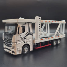 Load and play video in Gallery viewer, Explorafind 2023 Mercedes-Benz Actros Truck White 1:24 Die Cast Car Transporter
