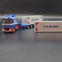 Load and play video in Gallery viewer, Explorafind 2011 DAF XF105 Style Low Loader Container Transporter Truck Blue 1:50 Die Cast
