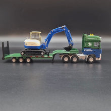 Load and play video in Gallery viewer, Explorafind 2011 DAF XF105 Style Low Loader Truck with Terex HR32 Excavator Blue/Green 1:50 Die Cast
