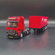 Load and play video in Gallery viewer, Explorafind 2022 Mercedes-Benz Actros Style Container Semi-Truck Red/Black 1:50 Die Cast
