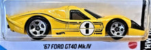 Load image into Gallery viewer, Hot Wheels 2021 &#39;67 Ford GT40 MK.IV Yellow #106 HW Race Day 8/10 New Long Card
