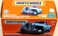 Load image into Gallery viewer, Matchbox 2021 1948 Willys Jeepster Mint Green MBX Off-Road #67/100 New Sealed
